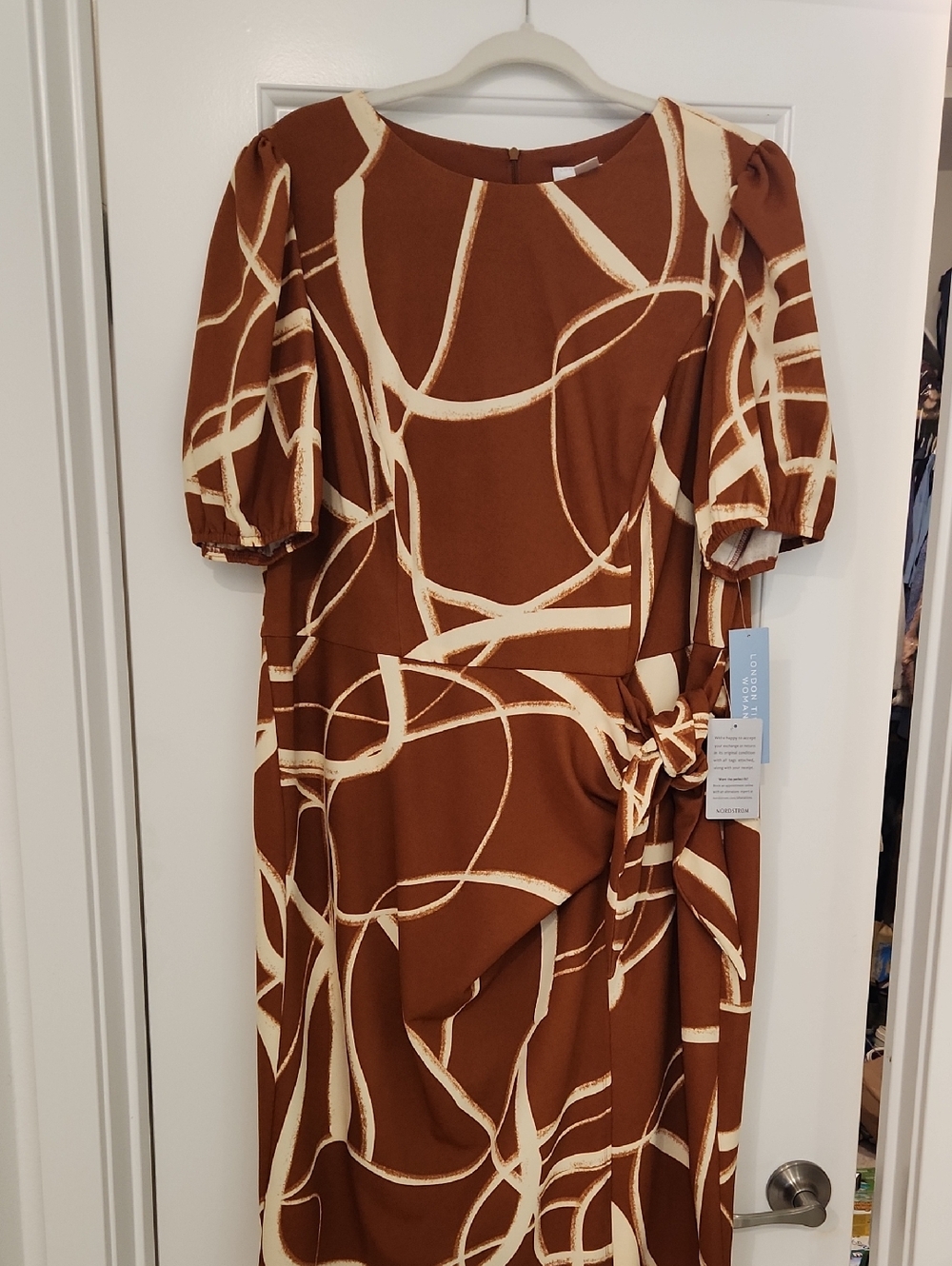 Women’s Brown & Cream Printed Tie-Waist Midi Dress